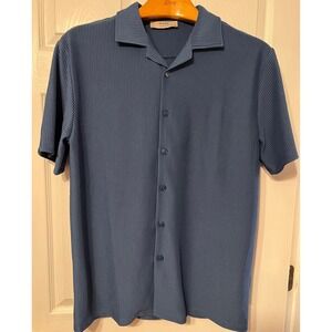 Cove Mens Blue Pleated Short Sleeve Button Down Shirt Plisse Camp Collar Large
